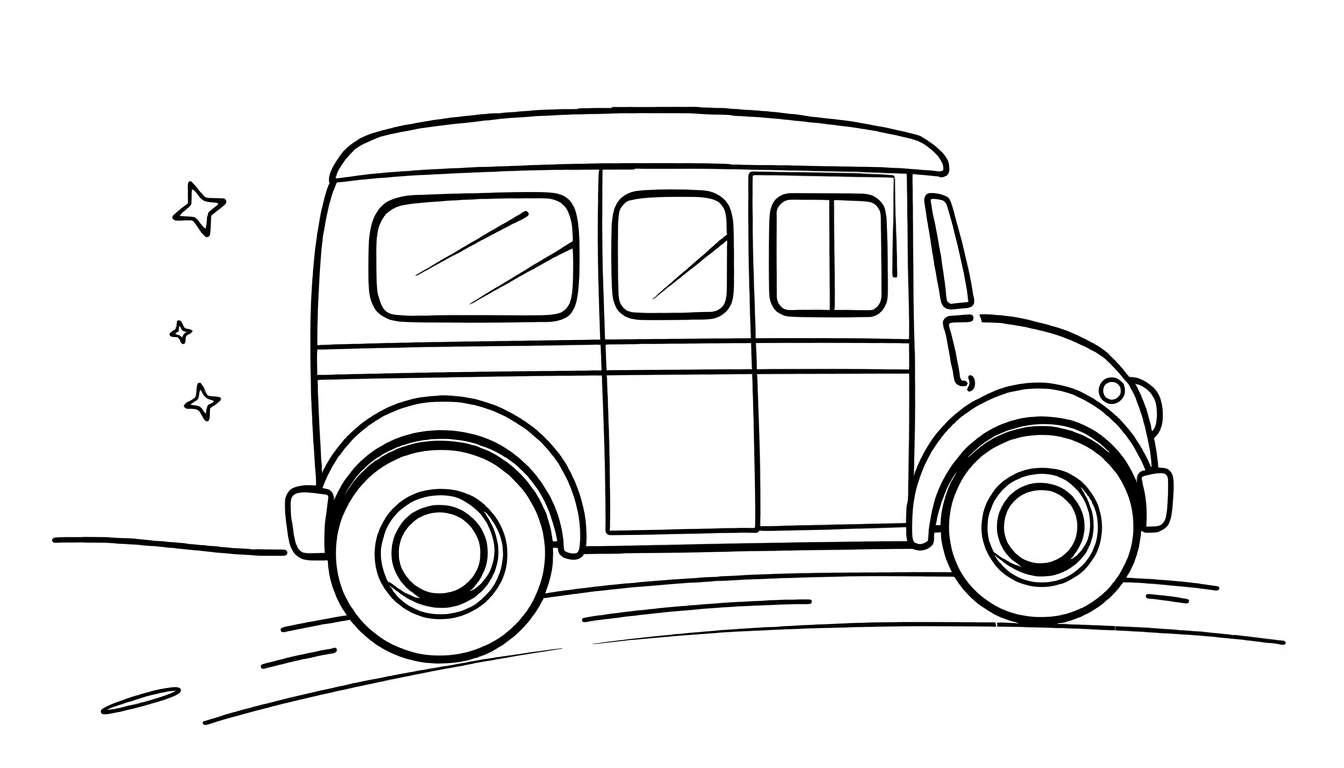Kleurplaat van het Stella busje, met sterren die snelheid aangeven.
