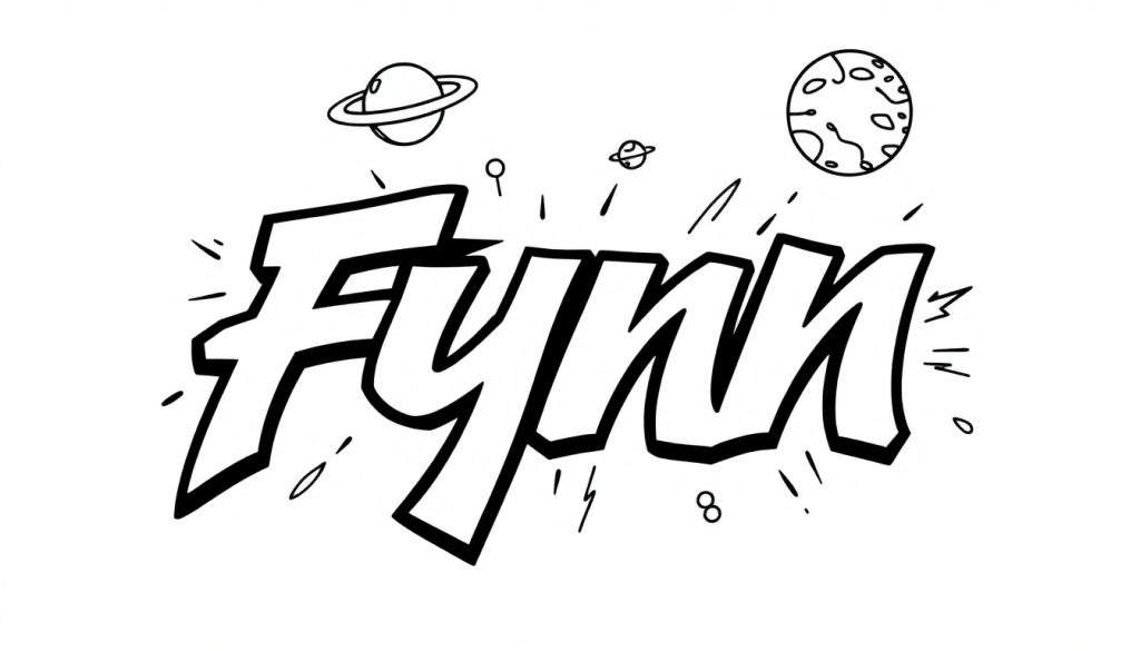 Stoere kleurplaat van het woord 'Fynn' met ruimte-elementen.