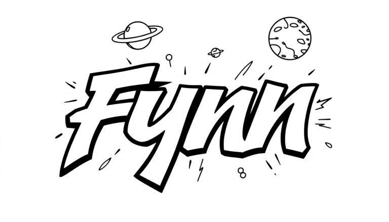 Stoere kleurplaat van het woord 'Fynn' met ruimte-elementen.