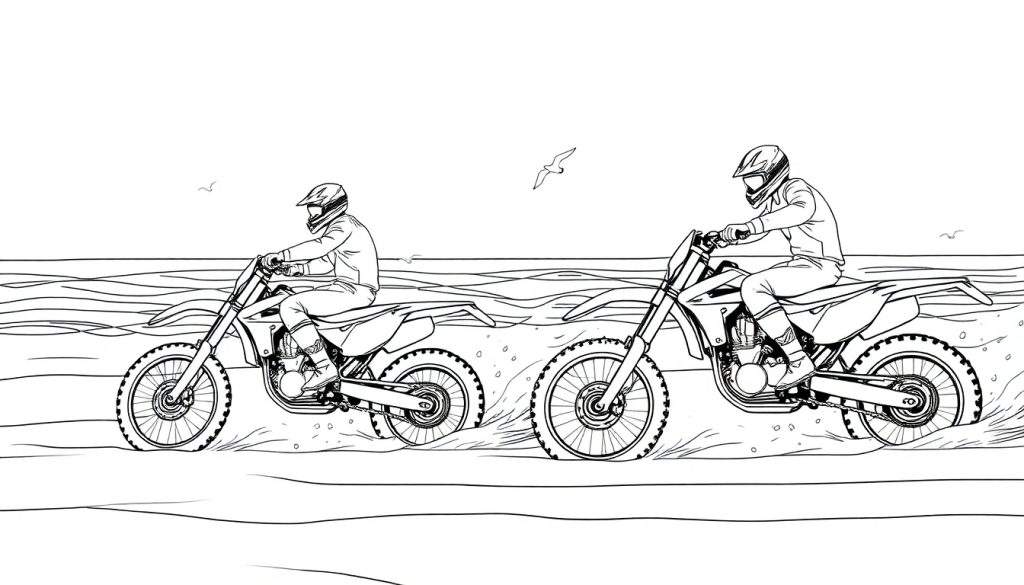 Zwart-wit kleurplaat van motorcrossers op een zandstrand.