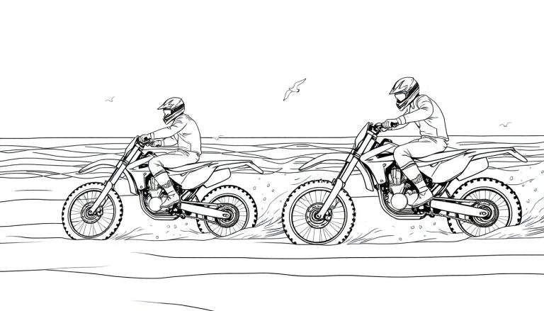 Zwart-wit kleurplaat van motorcrossers op een zandstrand.