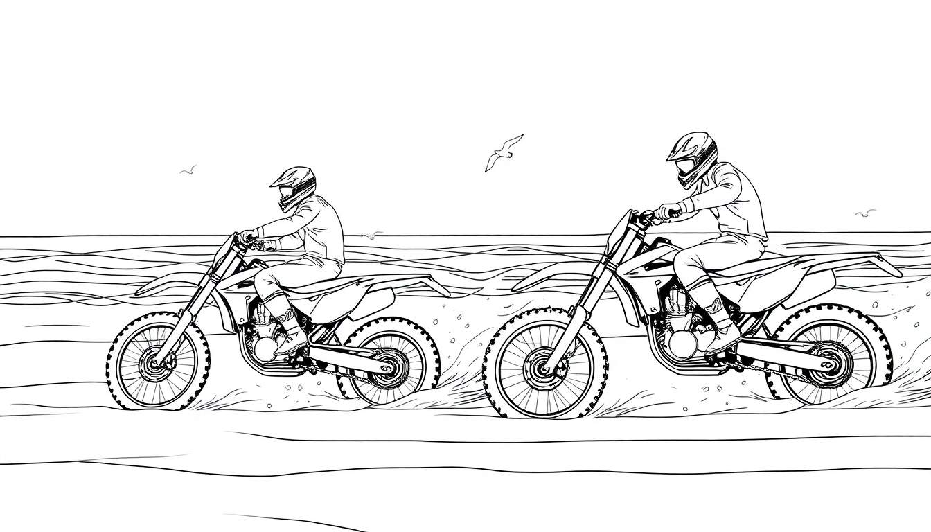 Zwart-wit kleurplaat van motorcrossers op een zandstrand.