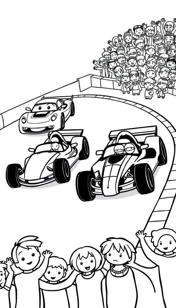 Kleurplaat van een autorace met vier stoere raceauto's en juichende kinderen.