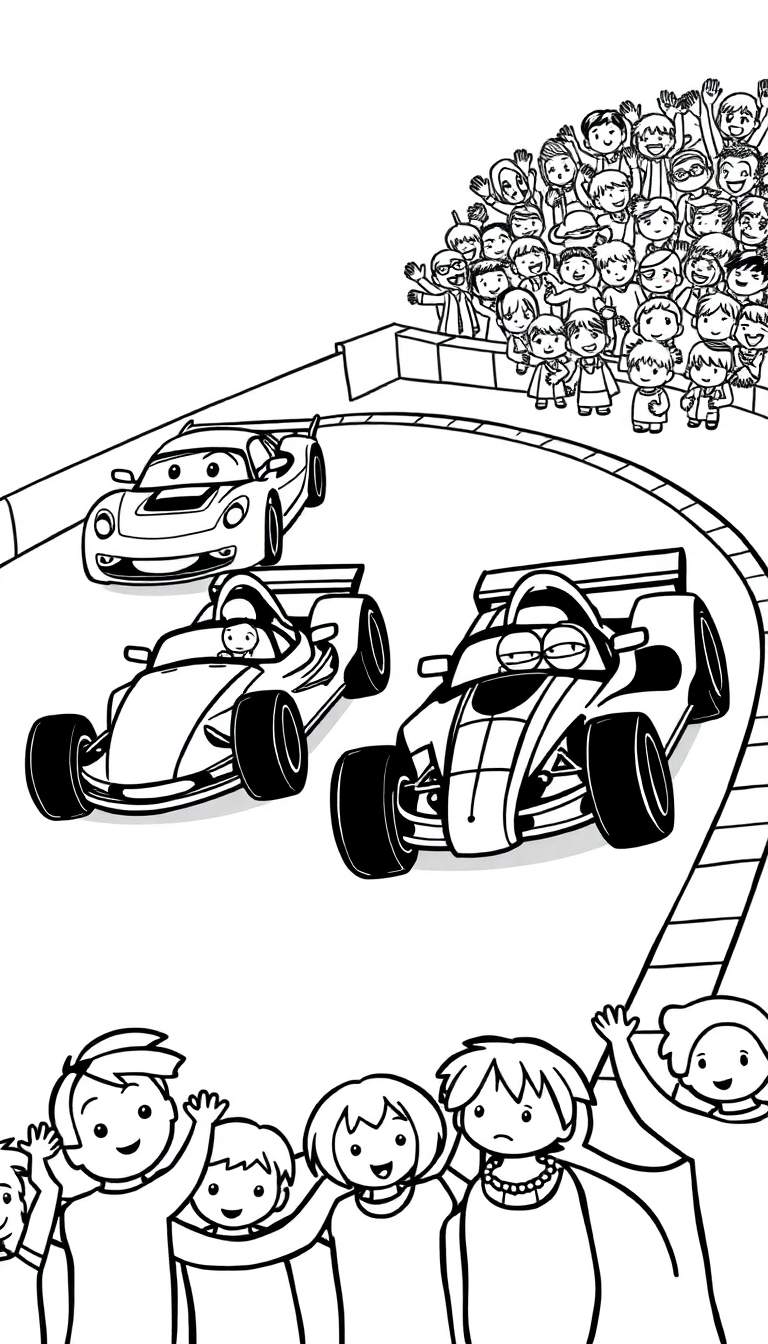 Kleurplaat van een autorace met vier stoere raceauto's en juichende kinderen.