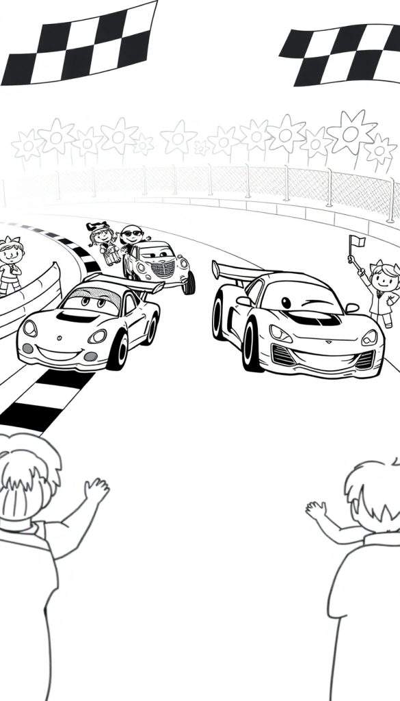 Kleurplaat van een race met lachende auto's en kinderen.