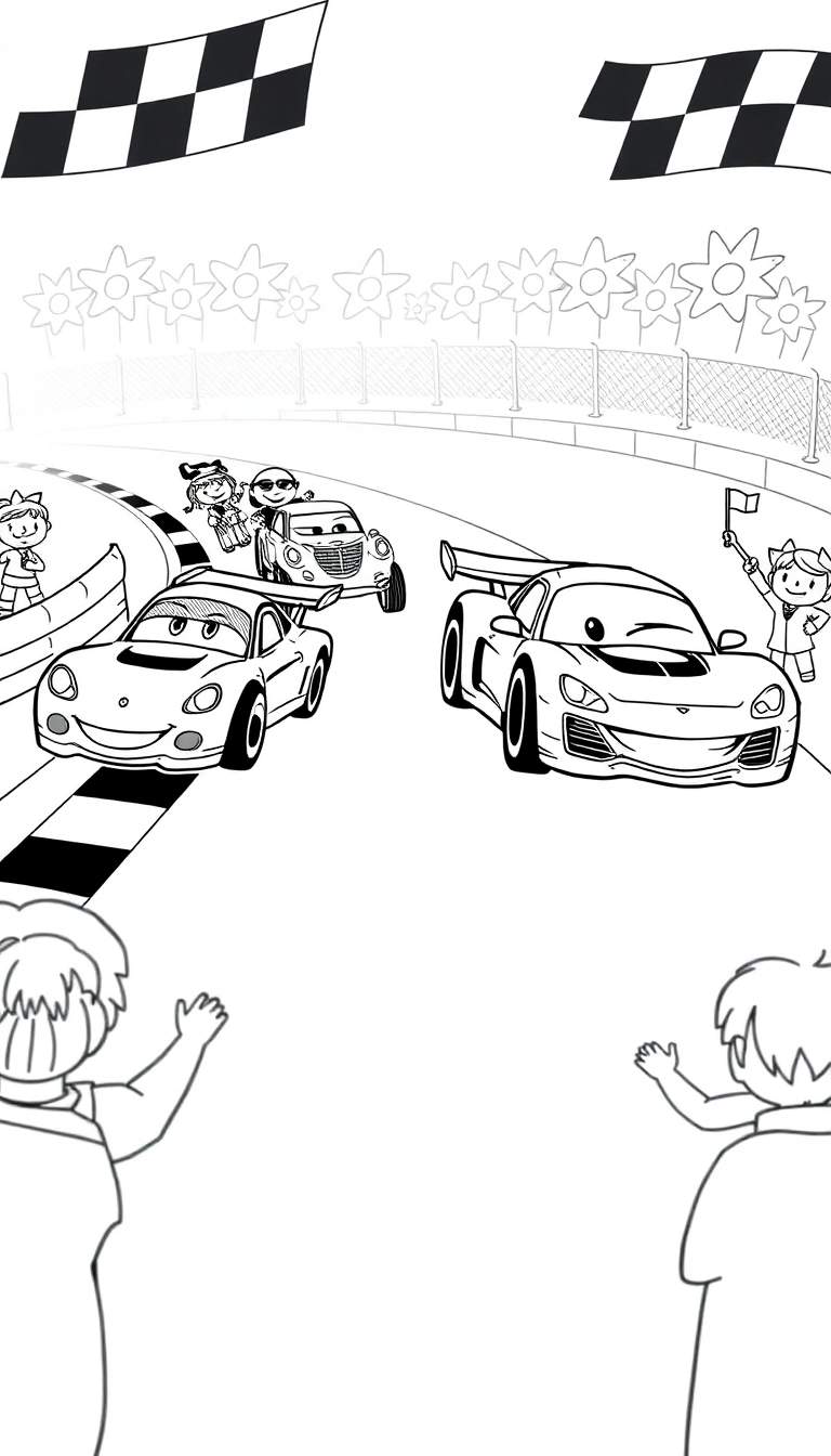 Kleurplaat van een race met lachende auto's en kinderen.