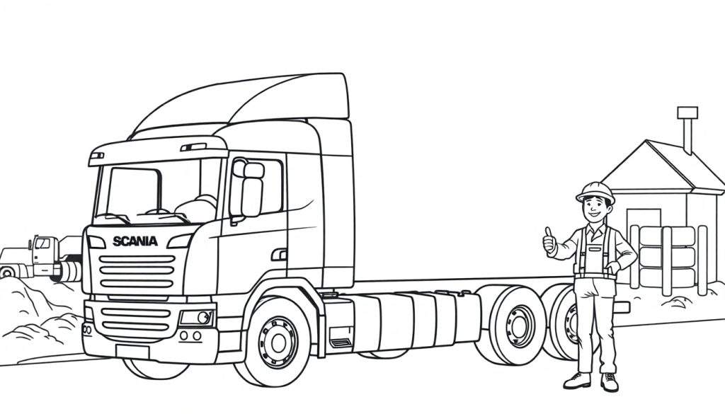Kleurplaat van een Scania vrachtwagen met een man die zijn duim opsteekt.