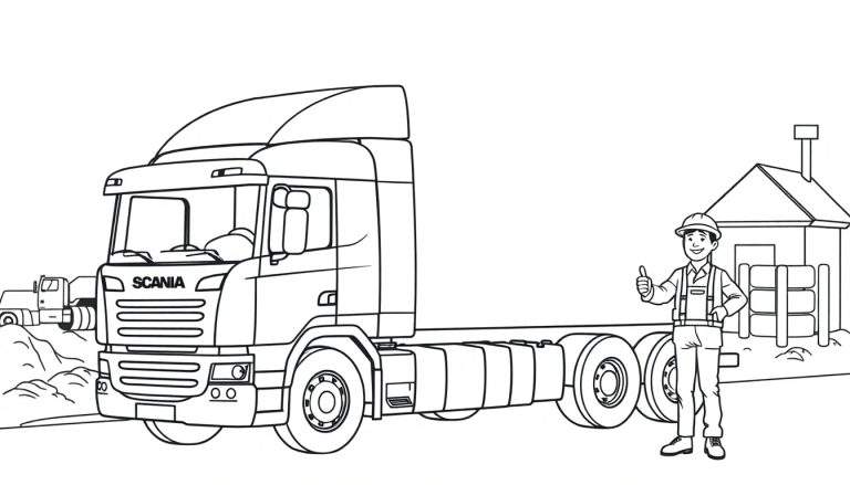 Kleurplaat van een Scania vrachtwagen met een man die zijn duim opsteekt.