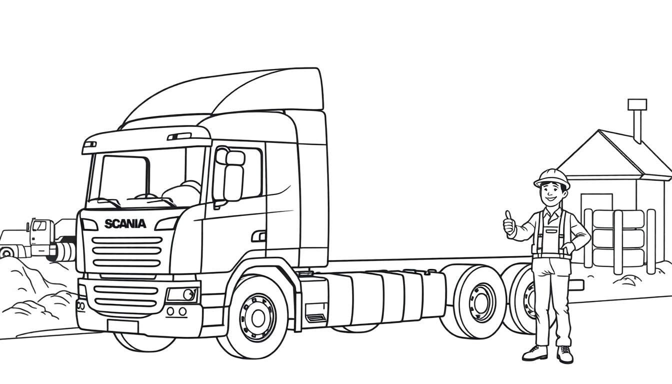 Kleurplaat van een Scania vrachtwagen met een man die zijn duim opsteekt.