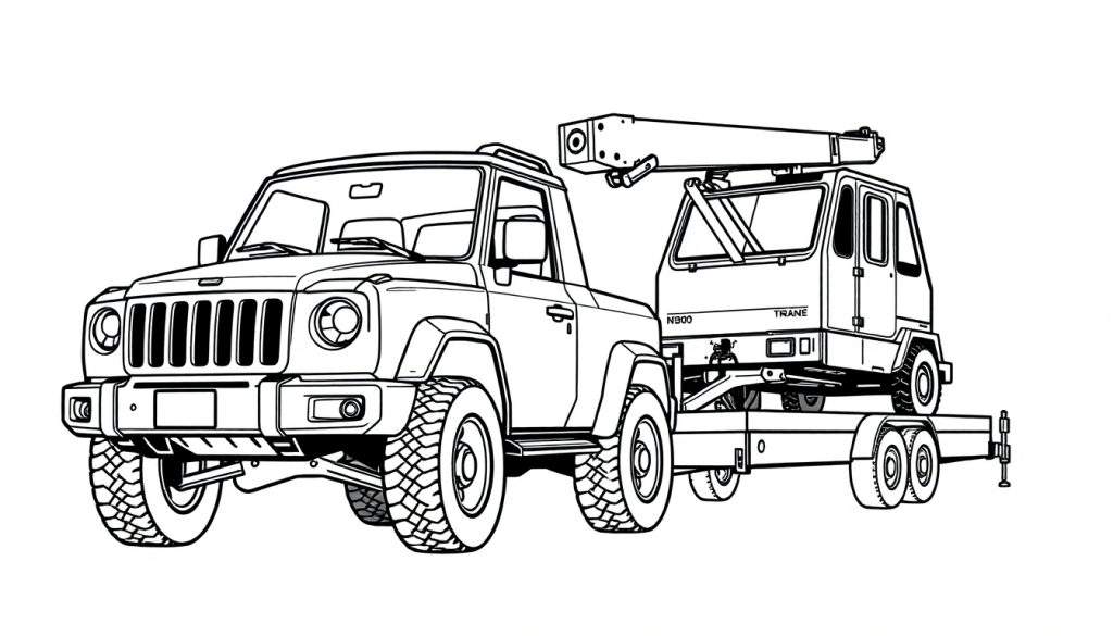 Een zwart-wit kleurplaat van een stoere pick-up truck met een oplegger en een kleine kraan.