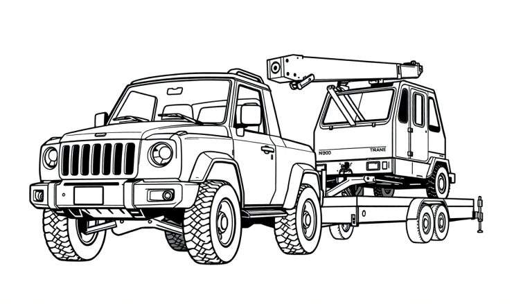 Een zwart-wit kleurplaat van een stoere pick-up truck met een oplegger en een kleine kraan.