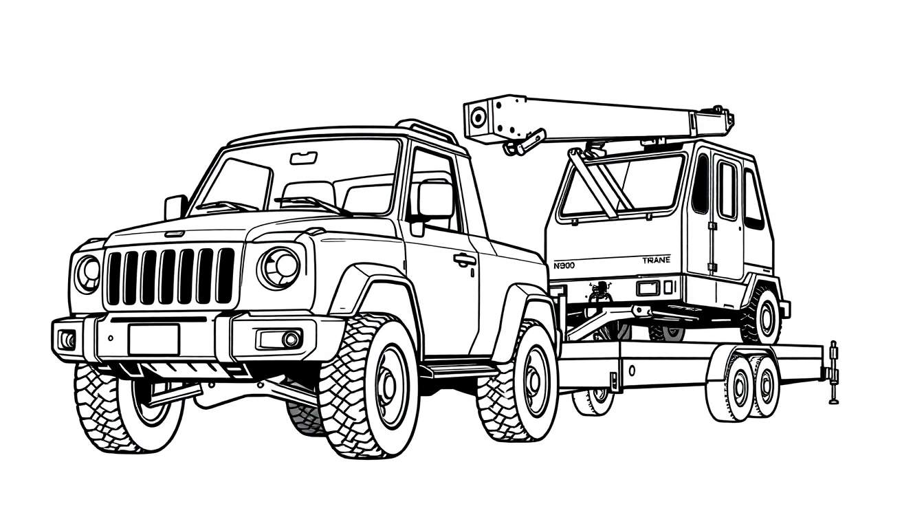 Een zwart-wit kleurplaat van een stoere pick-up truck met een oplegger en een kleine kraan.