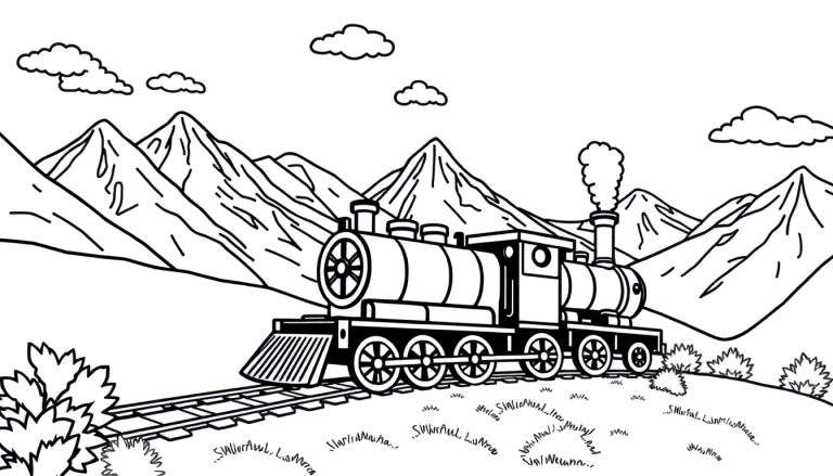 Kleurplaat van een stoomtrein die door een berglandschap rijdt, met rook uit de schoorsteen.