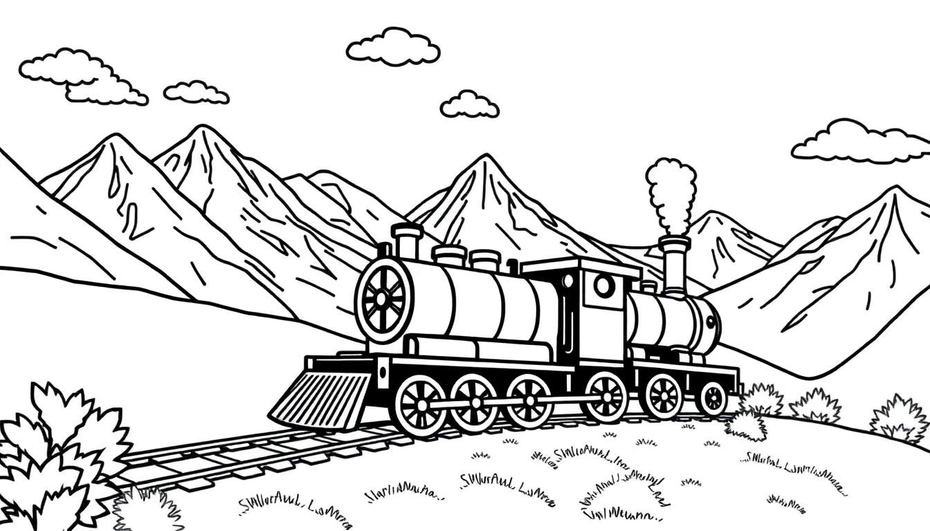 Kleurplaat van een stoomtrein die door een berglandschap rijdt, met rook uit de schoorsteen.