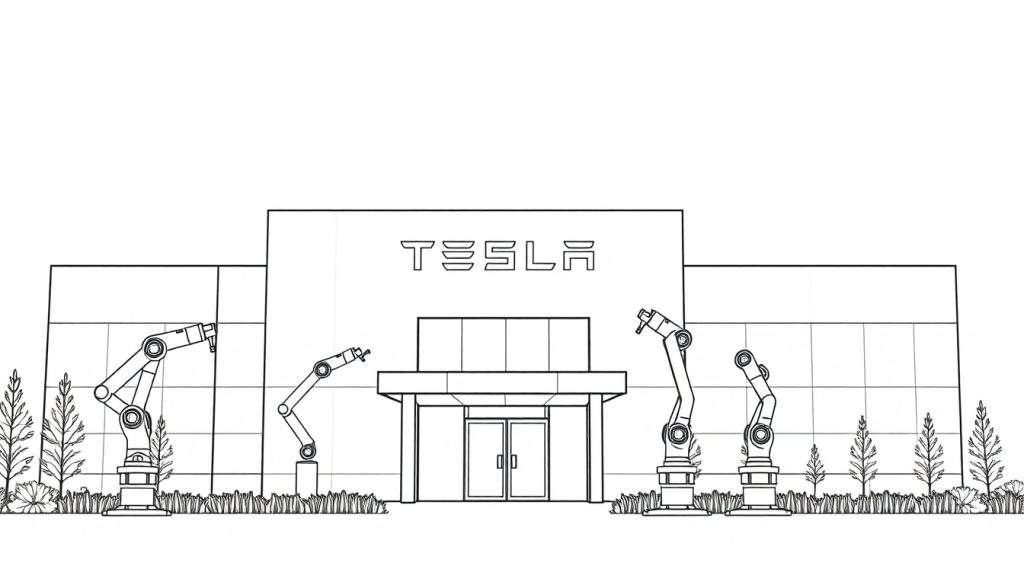 Kleurplaat van een Tesla fabriek met robots.