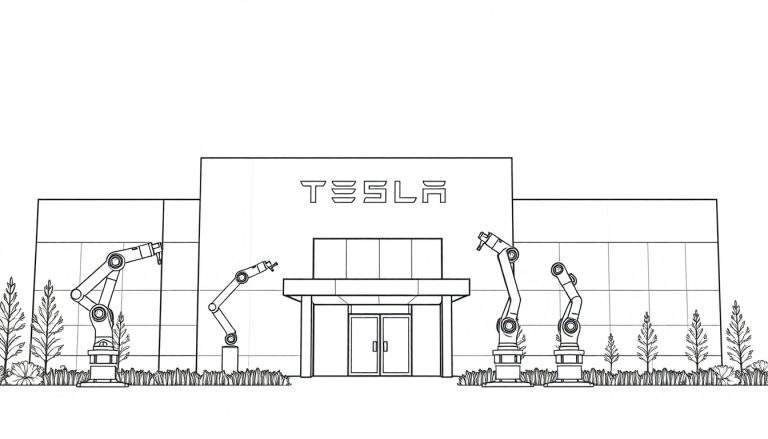 Kleurplaat van een Tesla fabriek met robots.