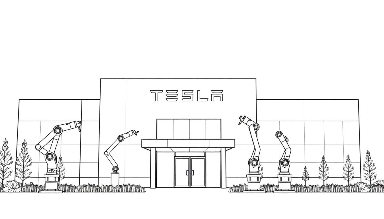Kleurplaat van een Tesla fabriek met robots.