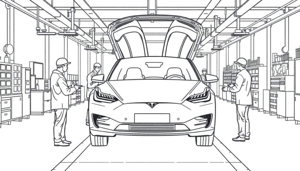 Een zwart-wit tekening van een Tesla Model X met falcon wing deuren open, omringd door monteurs in een fabriek, als kleurplaat.