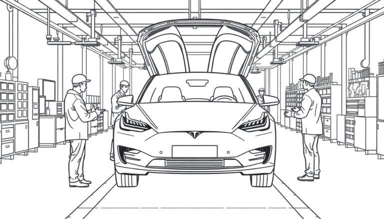 Een zwart-wit tekening van een Tesla Model X met falcon wing deuren open, omringd door monteurs in een fabriek, als kleurplaat.