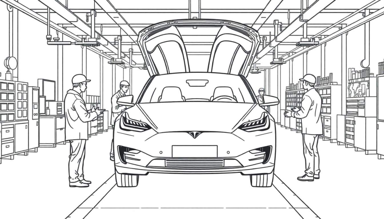 Een zwart-wit tekening van een Tesla Model X met falcon wing deuren open, omringd door monteurs in een fabriek, als kleurplaat.