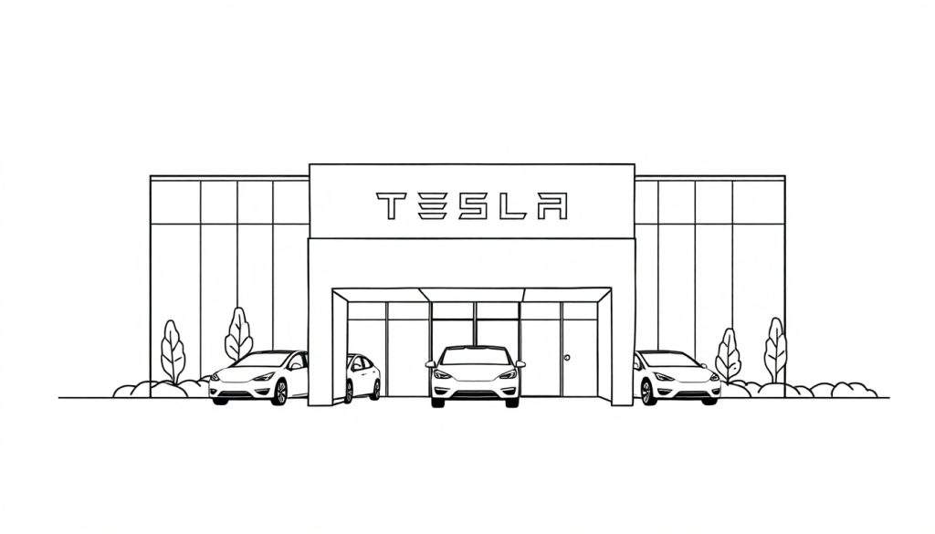 Een kleurplaat van een moderne Tesla-showroom met glazen muren en drie elektrische auto's.