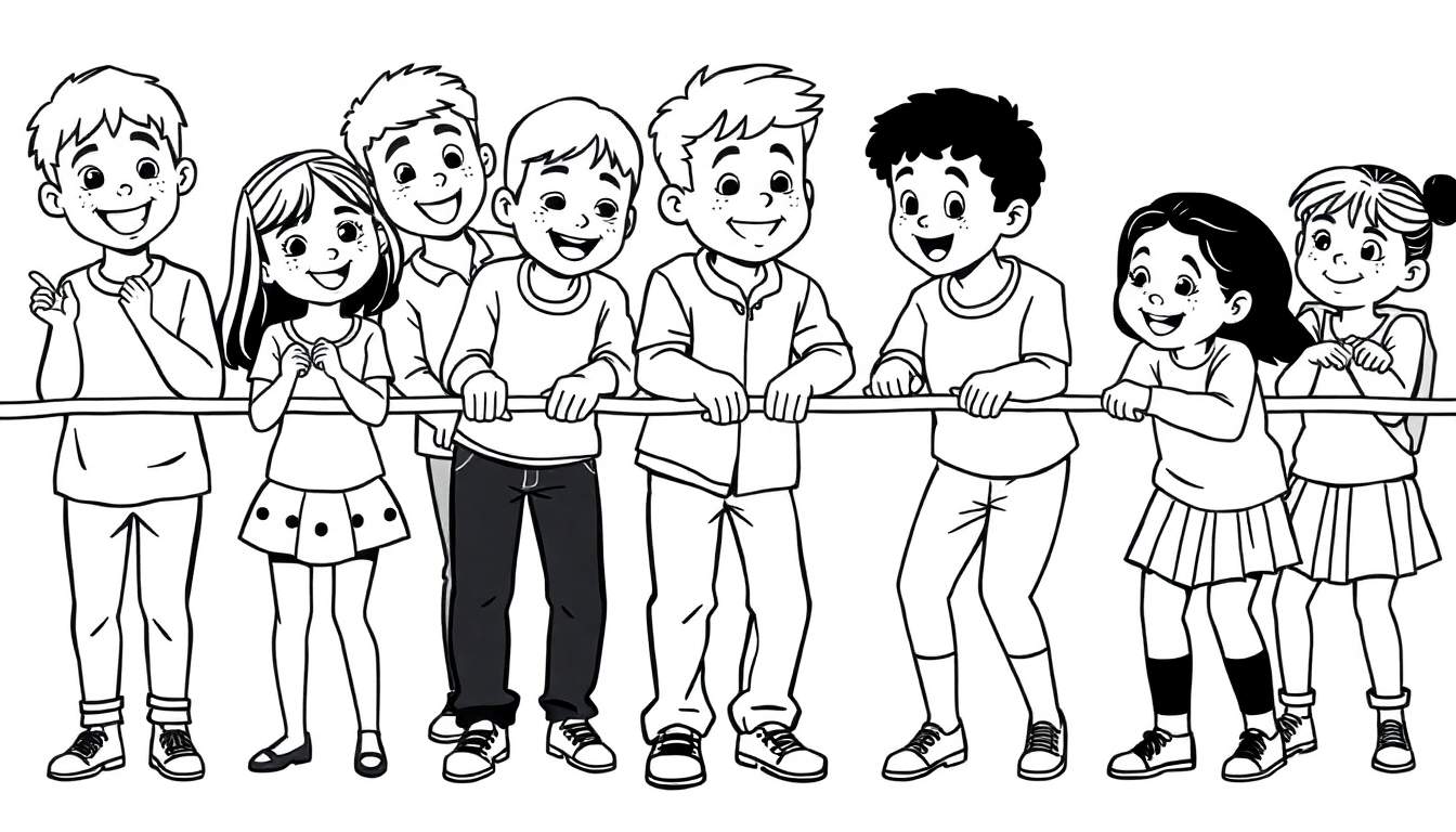 Kinderen die touwtrekken als kleurplaat, zwart-wit lijntekening.