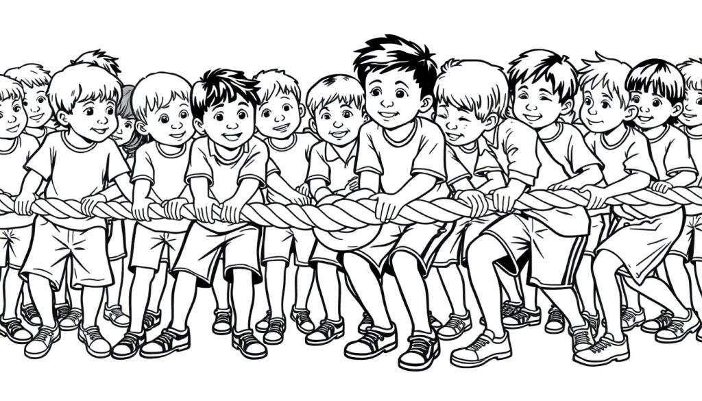 Zwart-wit kleurplaat van jongens die touwtrekken met een vrolijke en vastberaden uitdrukking.