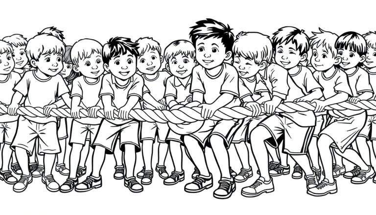 Zwart-wit kleurplaat van jongens die touwtrekken met een vrolijke en vastberaden uitdrukking.