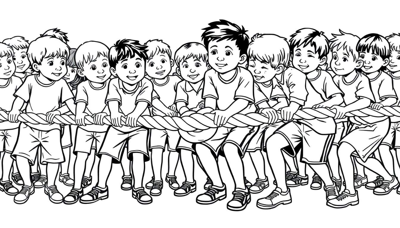 Zwart-wit kleurplaat van jongens die touwtrekken met een vrolijke en vastberaden uitdrukking.