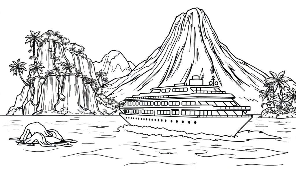 Zwart-witte tekening van een tropisch eiland met palmbomen en een cruise schip, perfect als kleurplaat.