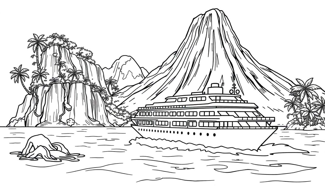 Zwart-witte tekening van een tropisch eiland met palmbomen en een cruise schip, perfect als kleurplaat.