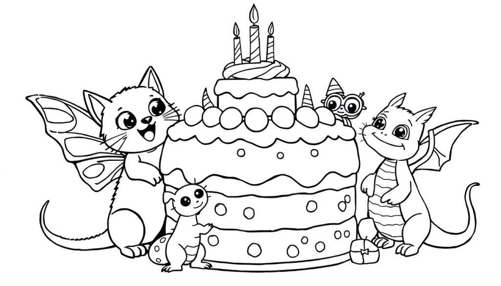 Een zwart-wit kleurplaat van een verjaardagstaart met vrolijke wezentjes.