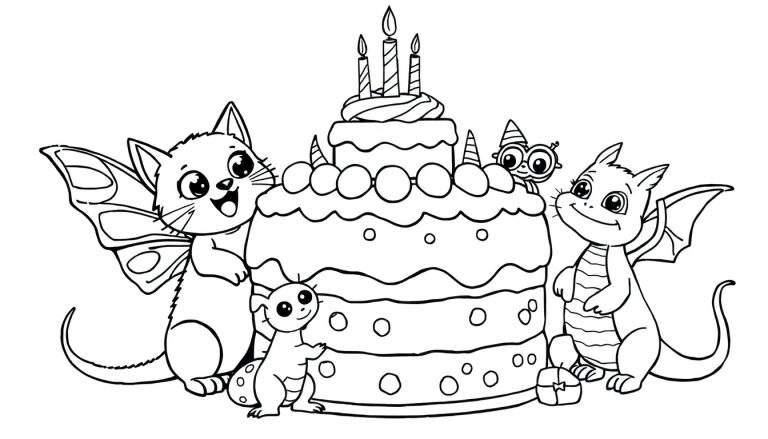 Een zwart-wit kleurplaat van een verjaardagstaart met vrolijke wezentjes.