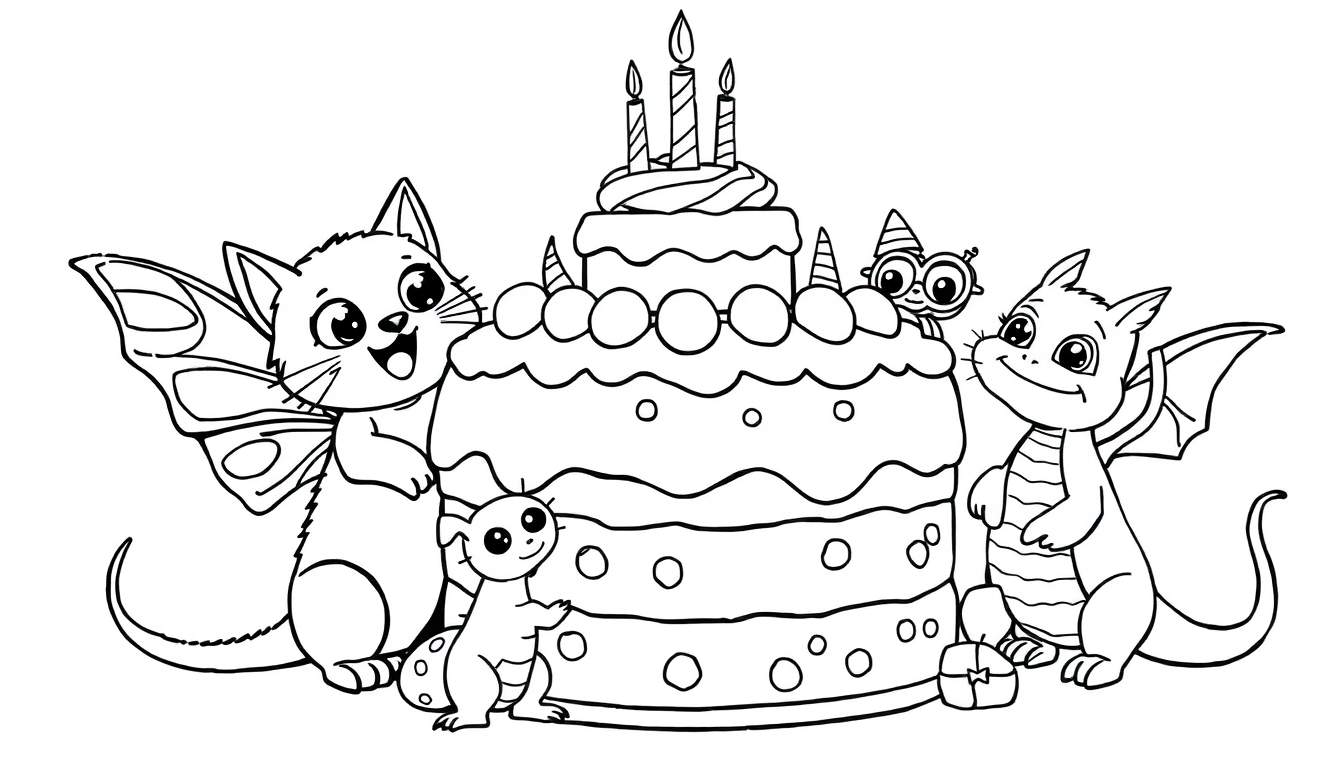 Een zwart-wit kleurplaat van een verjaardagstaart met vrolijke wezentjes.