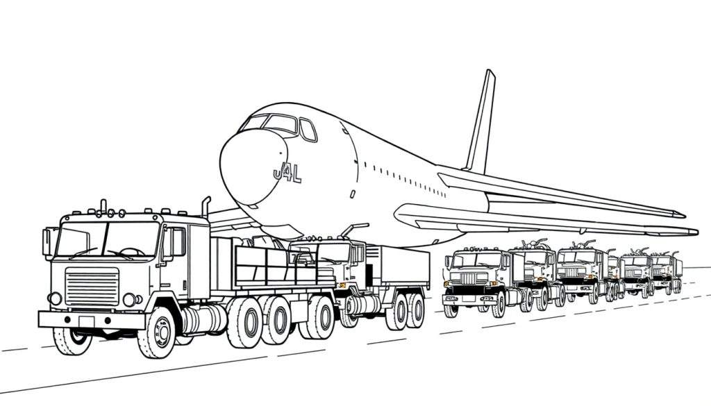 Zwart-wit kleurplaat van een groot JAL vliegtuig op een colonne trucks.