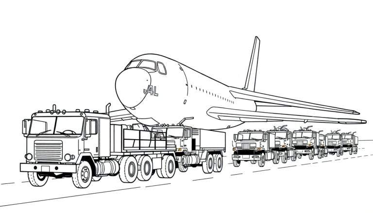 Zwart-wit kleurplaat van een groot JAL vliegtuig op een colonne trucks.