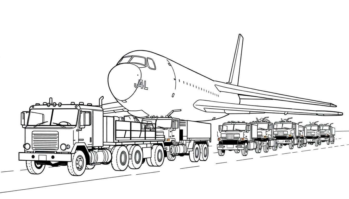 Zwart-wit kleurplaat van een groot JAL vliegtuig op een colonne trucks.