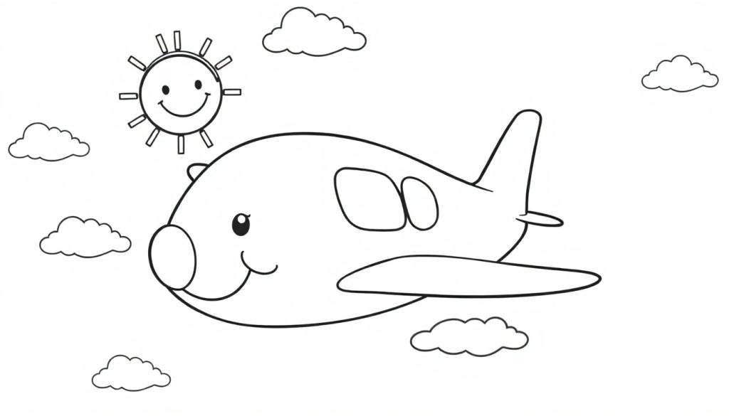 Kleurplaat van een lachend vliegtuig met zon en wolken.