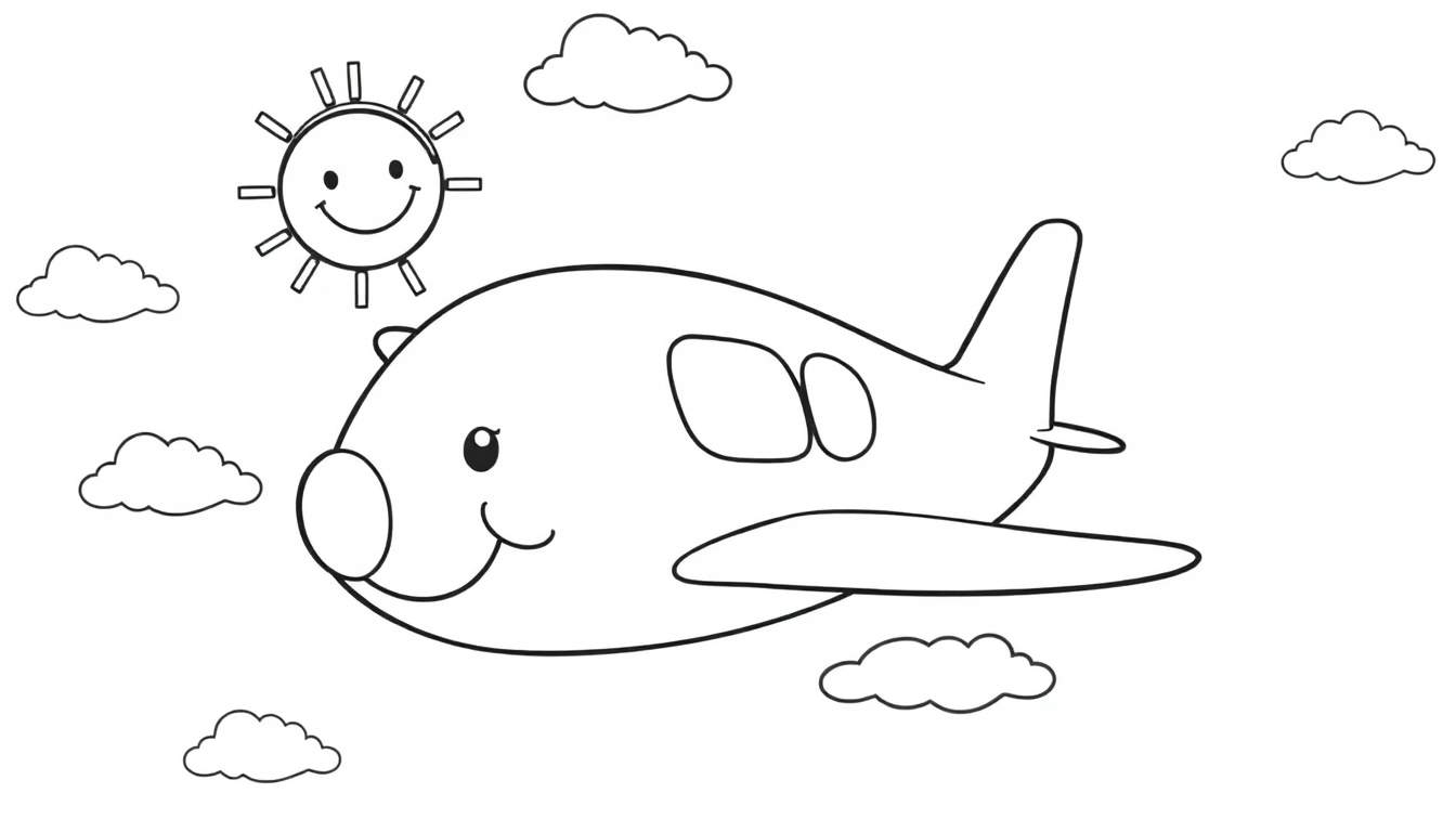 Kleurplaat van een lachend vliegtuig met zon en wolken.