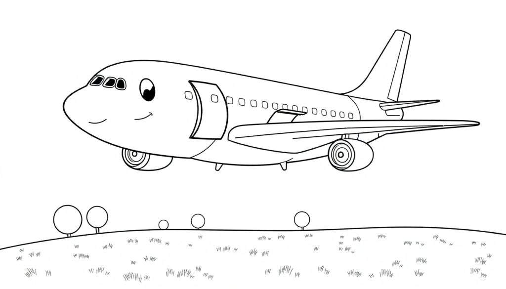 Een glimlachend vliegtuig als kleurplaat vliegt over een groen landschap.