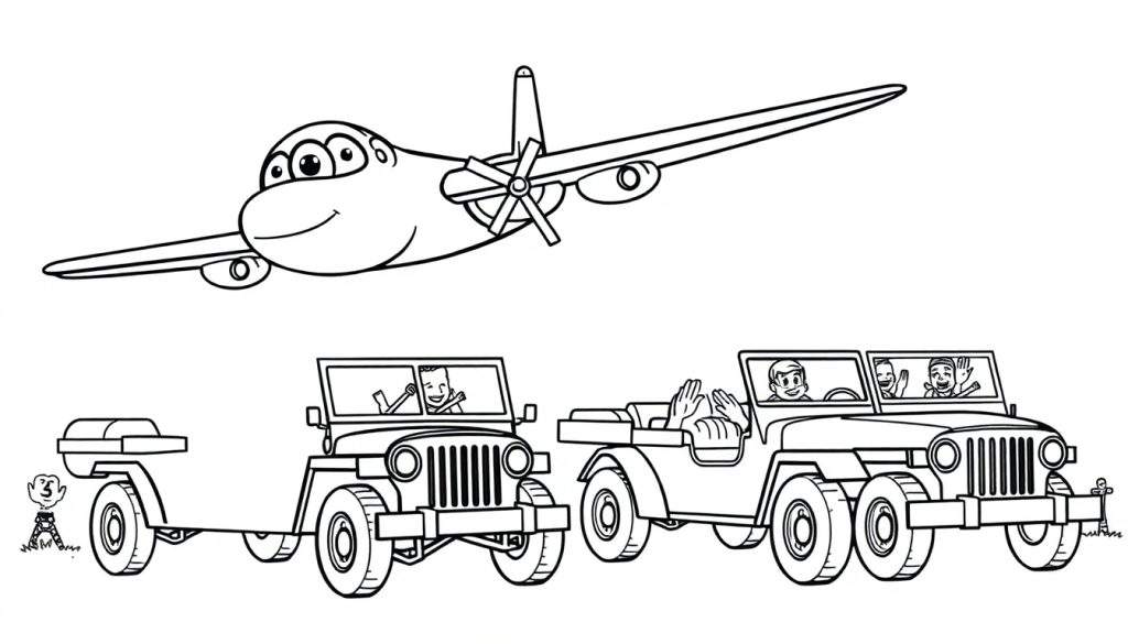 Kleurplaat van een lachend vliegtuig en rijdende jeeps met mensen.