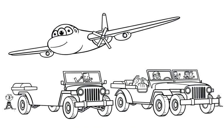 Kleurplaat van een lachend vliegtuig en rijdende jeeps met mensen.
