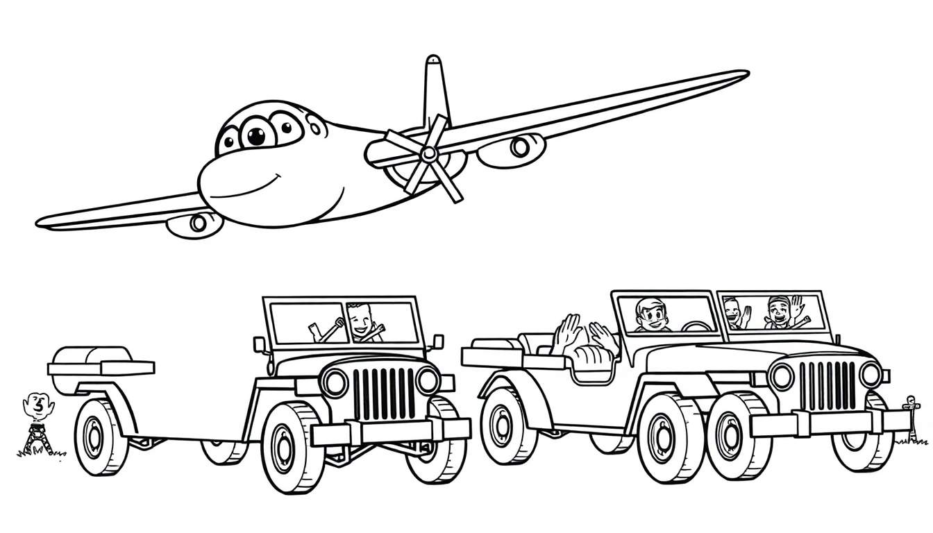 Kleurplaat van een lachend vliegtuig en rijdende jeeps met mensen.