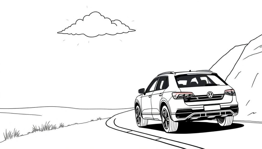 Kleurplaat van een witte Volkswagen T-Roc SUV, gezien vanaf de achterkant, op een bochtige weg met een berg en een open veld.