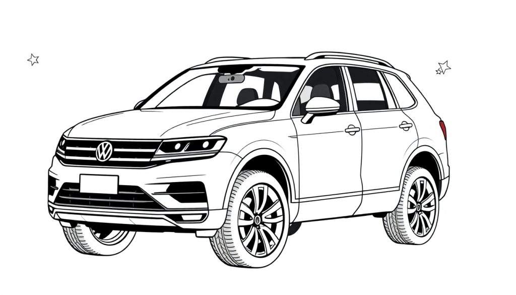Zwart-wit lijntekening van een Volkswagen Tiguan SUV, een kleurplaat voor kinderen.