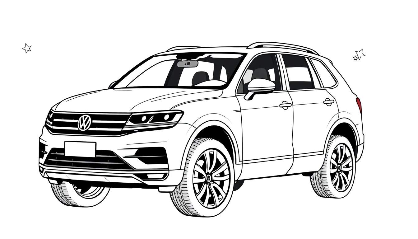 Zwart-wit lijntekening van een Volkswagen Tiguan SUV, een kleurplaat voor kinderen.