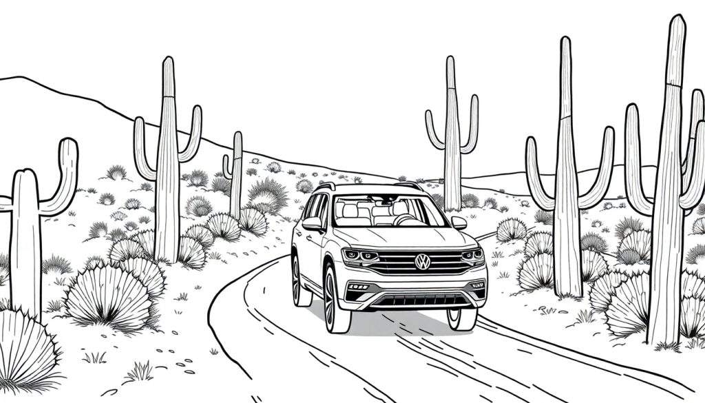 Kleurplaat van een Volkswagen Touareg in de woestijn