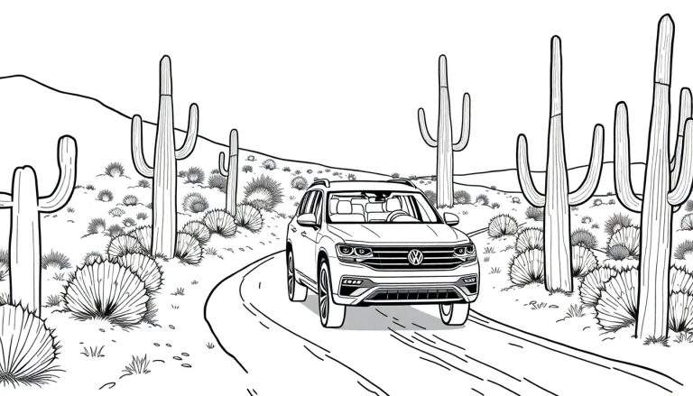 Kleurplaat van een Volkswagen Touareg in de woestijn