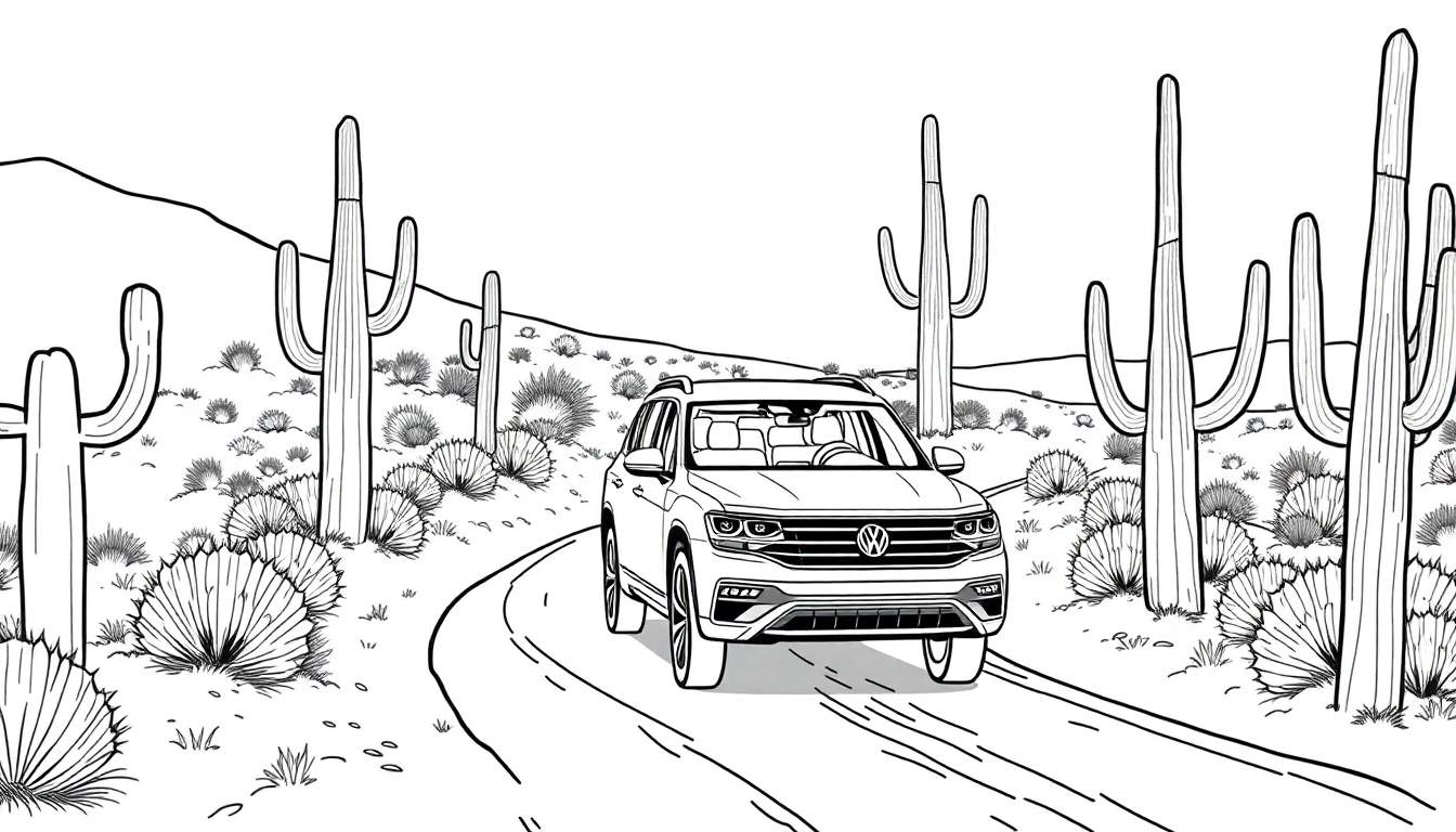 Kleurplaat van een Volkswagen Touareg in de woestijn