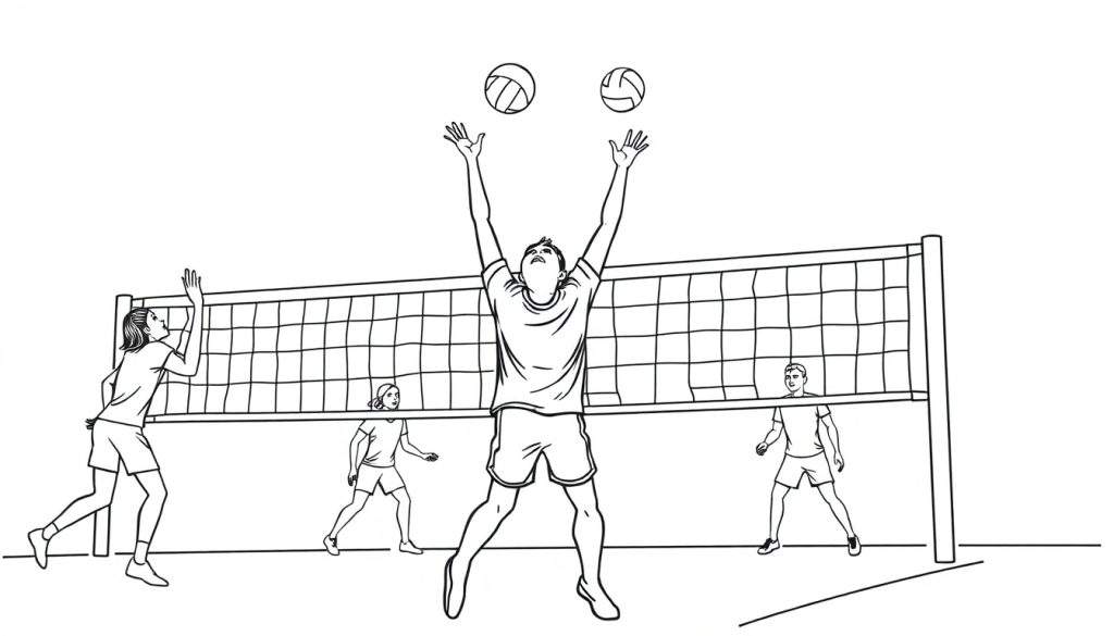 Kleurplaat van een volleybalwedstrijd met spelers die de bal blokkeren en slaan.